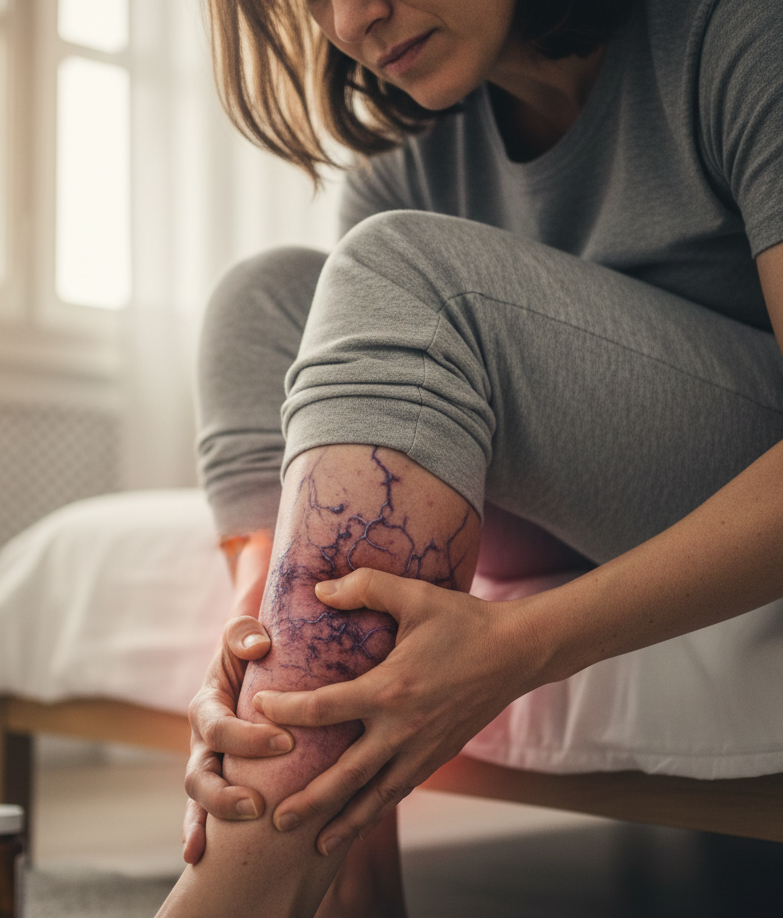 Mujer buscando un remedio natural para el dolor y las várices
