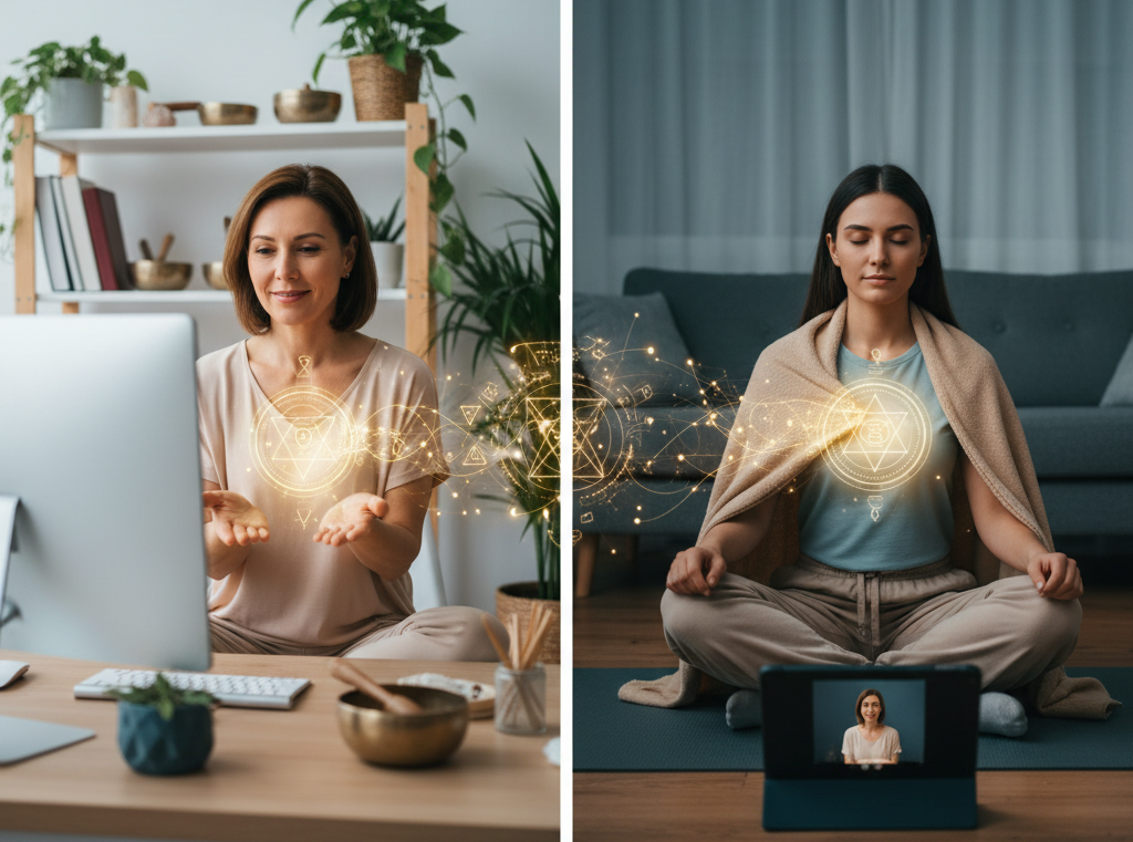 Terapeuta holística online ofreciendo una sesión de sanación a distancia